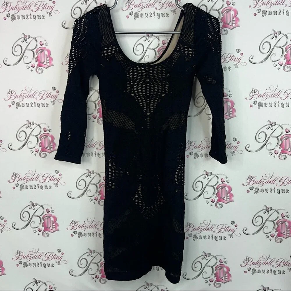bebe dress stretchy bodycon tight 2 layer style Black Long Sleeve Lace sexy
